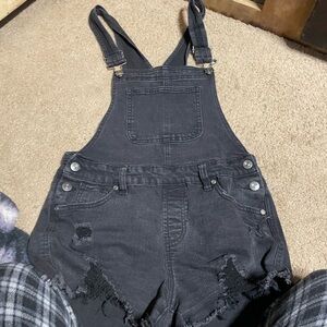 Black Denim Distressed Overalls